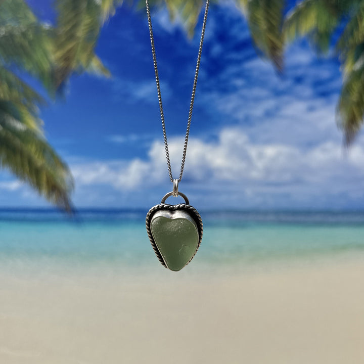 Green Sea Glass and Sterling Silver Pendant Whimsical Heart Necklace - SunlightSilver