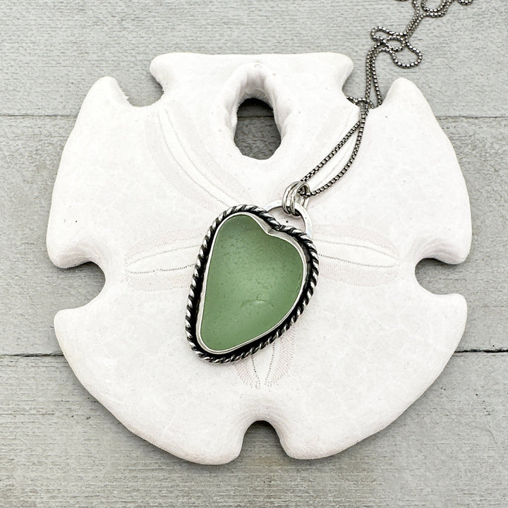 Green Sea Glass and Sterling Silver Pendant Whimsical Heart Necklace - SunlightSilver