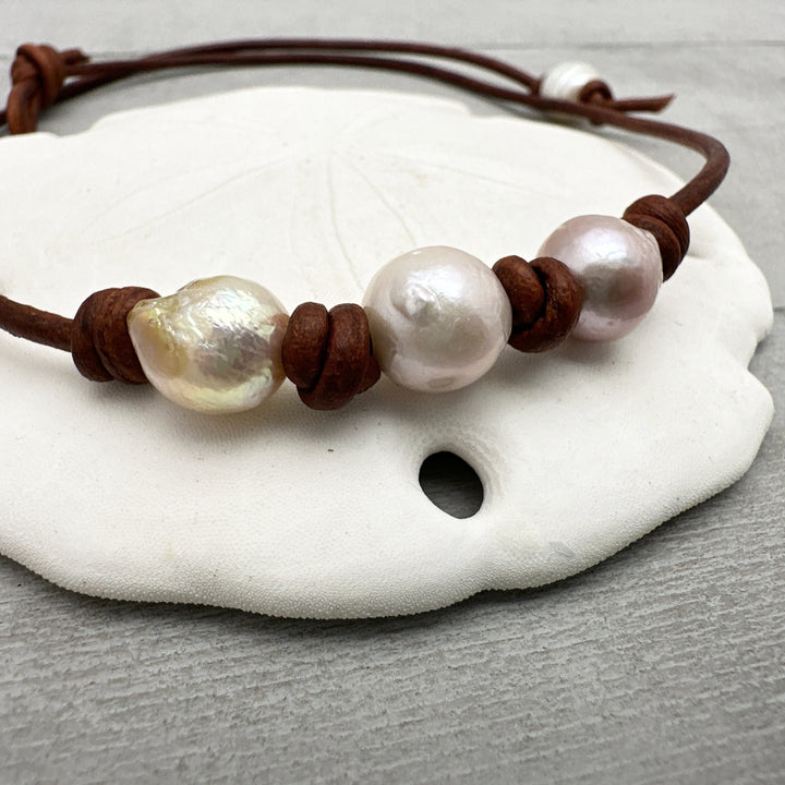 Kasumi like Pearl and Rustic Brown Leather Choker Necklace, Ming Edison Ripple Wrinkle Metallic Nucleated Freshwater Cultured Pearls - SunlightSilver