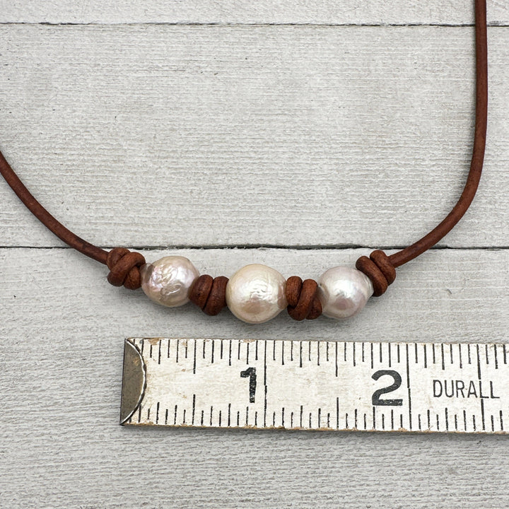 Kasumi like Pearl and Rustic Brown Leather Choker Necklace, Ming Edison Ripple Wrinkle Metallic Nucleated Freshwater Cultured Pearls - SunlightSilver