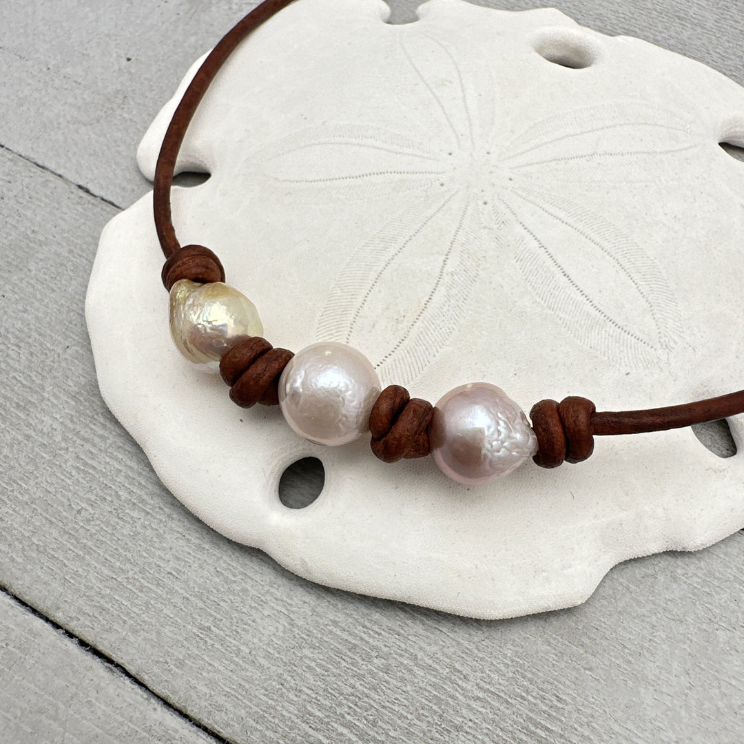 Kasumi like Pearl and Rustic Brown Leather Choker Necklace, Ming Edison Ripple Wrinkle Metallic Nucleated Freshwater Cultured Pearls - SunlightSilver