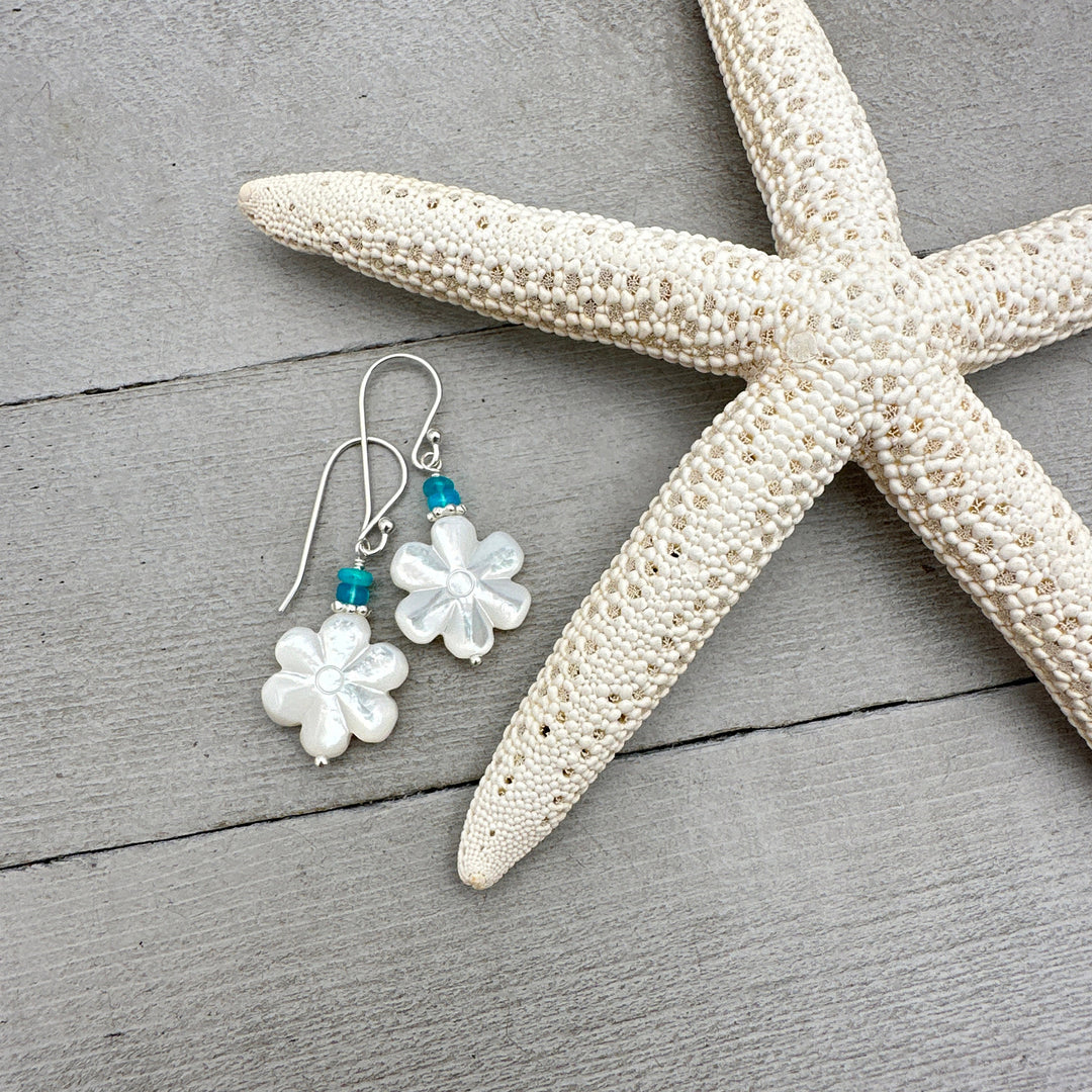 Mother of Pearl Shell Flower Earrings with Blue Ethiopian Opals and Solid 925 Sterling Silver - SunlightSilver