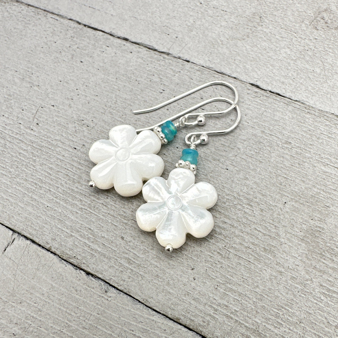 Mother of Pearl Shell Flower Earrings with Blue Ethiopian Opals and Solid 925 Sterling Silver - SunlightSilver