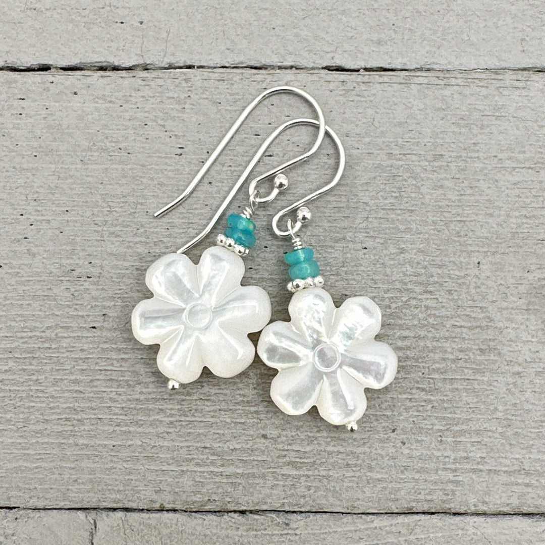 Mother of Pearl Shell Flower Earrings with Blue Ethiopian Opals and Solid 925 Sterling Silver - SunlightSilver