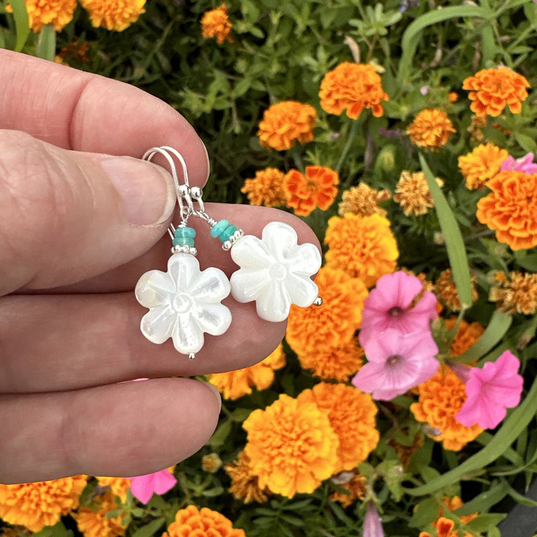 Mother of Pearl Shell Flower Earrings with Blue Ethiopian Opals and Solid 925 Sterling Silver - SunlightSilver