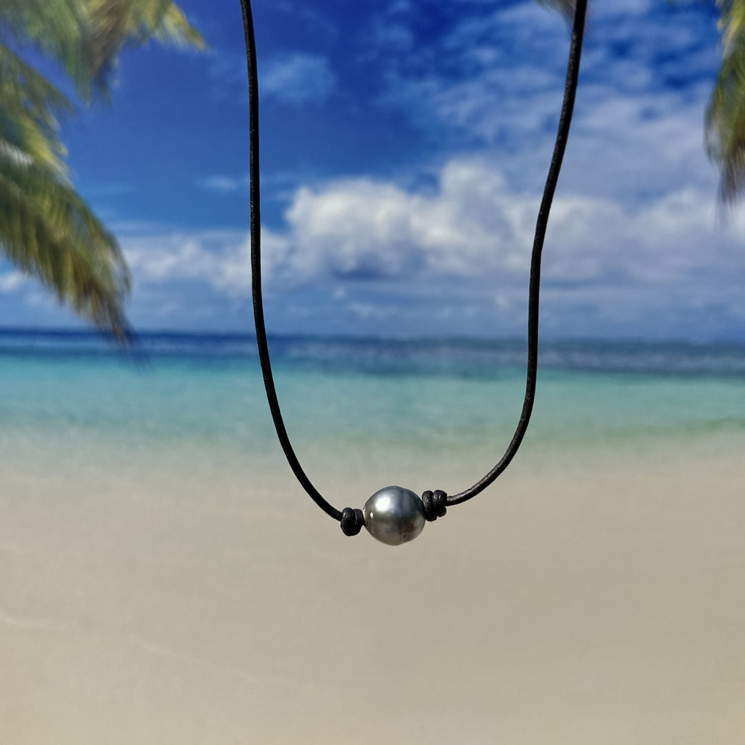 Tahitian Pearl Leather Necklace – Genuine Large 12-13mm Baroque Pearl – Rustic Brown or Black Leather Cord - Adjustable For Him or Her - SunlightSilver
