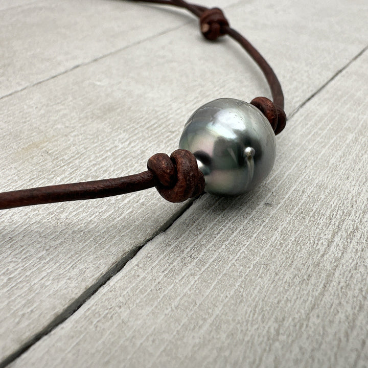 Tahitian Pearl and Adjustable Leather Necklace. Your Choice: Rustic Brown or Black Leather - SunlightSilver