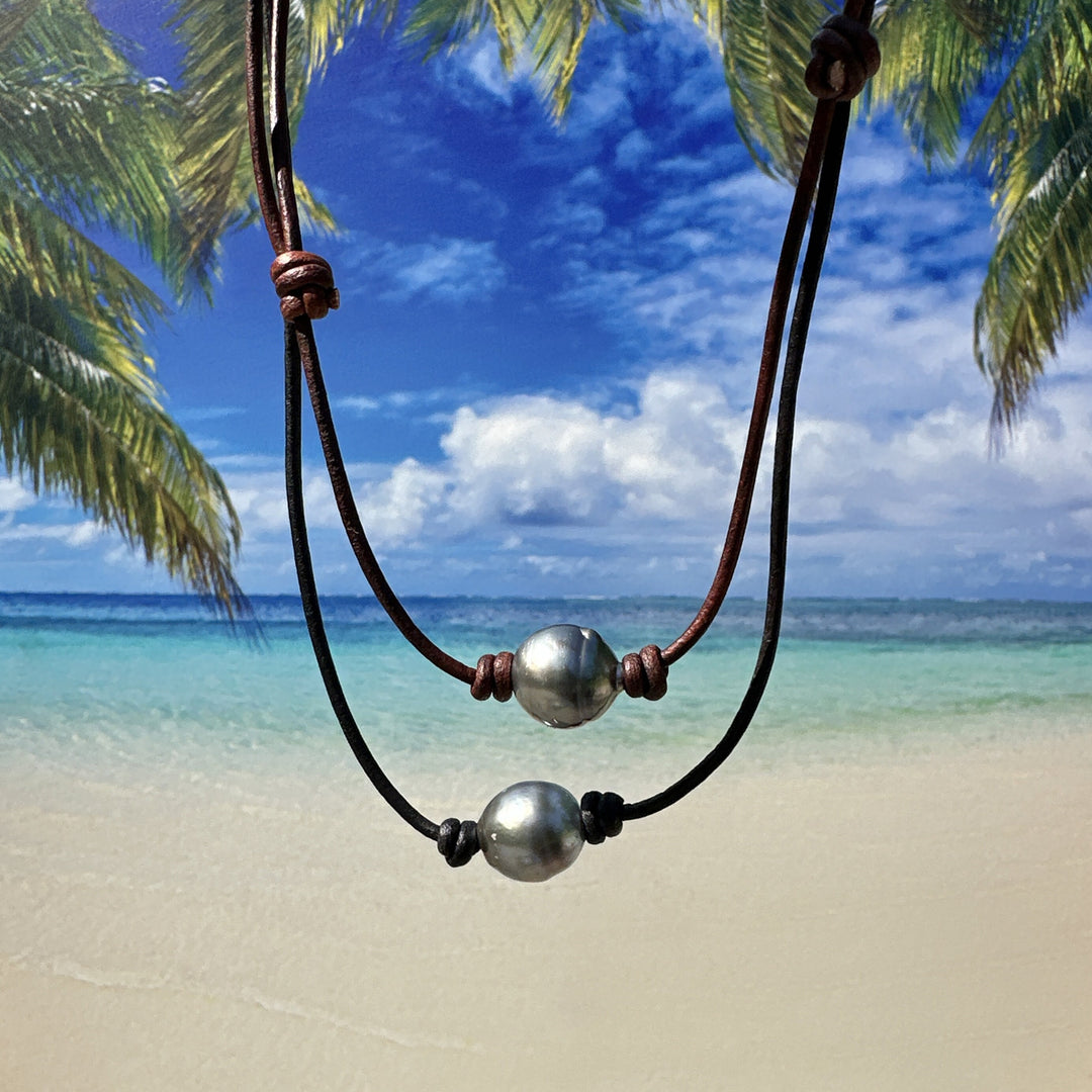 Tahitian Pearl and Adjustable Leather Necklace. Your Choice: Rustic Brown or Black Leather - SunlightSilver