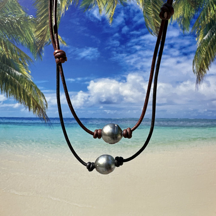 Tahitian Pearl and Adjustable Leather Necklace. Your Choice: Rustic Brown or Black Leather - SunlightSilver