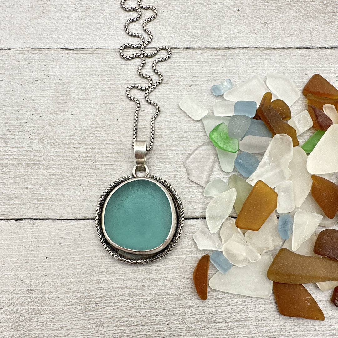 Blue Sea Glass and Solid 925 Sterling Silver Pendant. Genuine Sea Glass - SunlightSilver