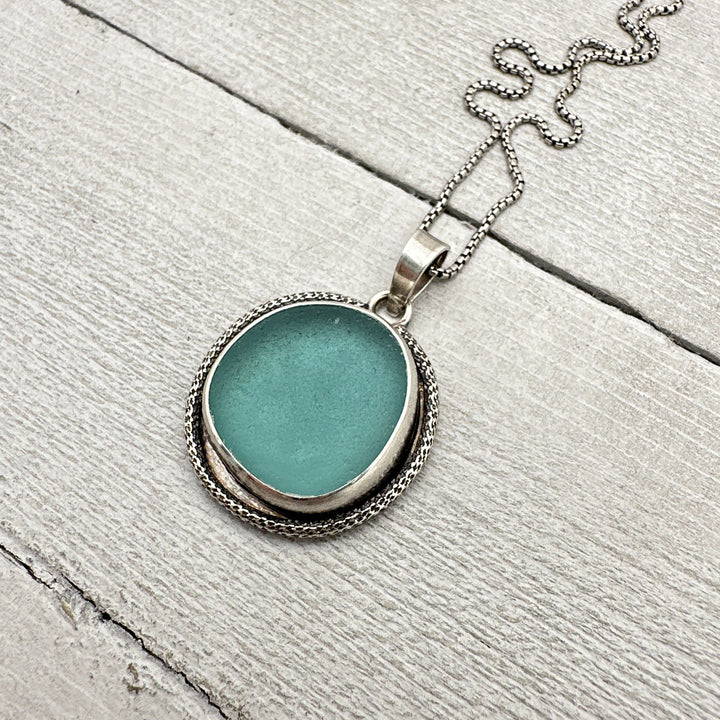 Blue Sea Glass and Solid 925 Sterling Silver Pendant. Genuine Sea Glass - SunlightSilver