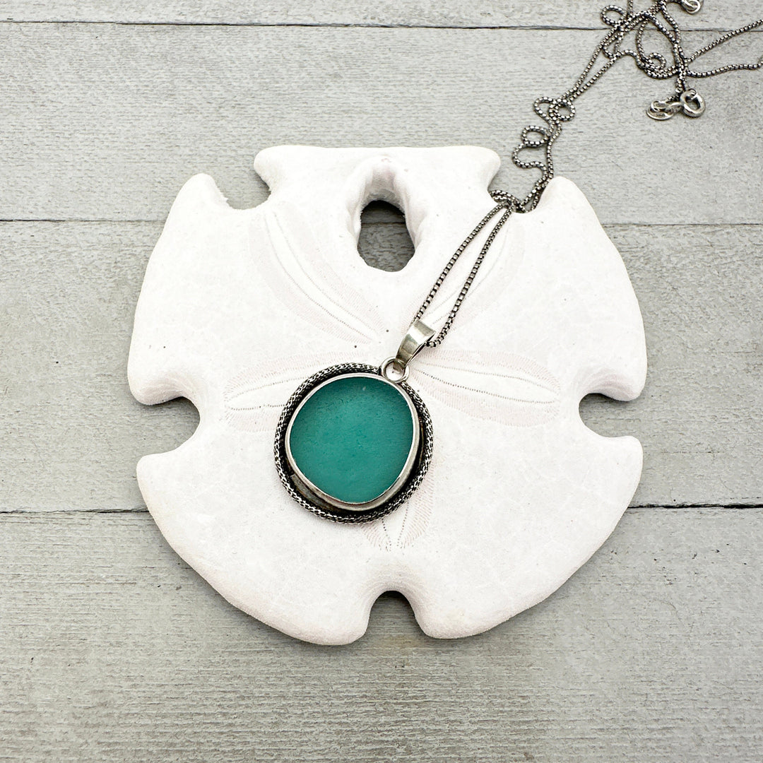 Blue Sea Glass and Solid 925 Sterling Silver Pendant. Genuine Sea Glass - SunlightSilver