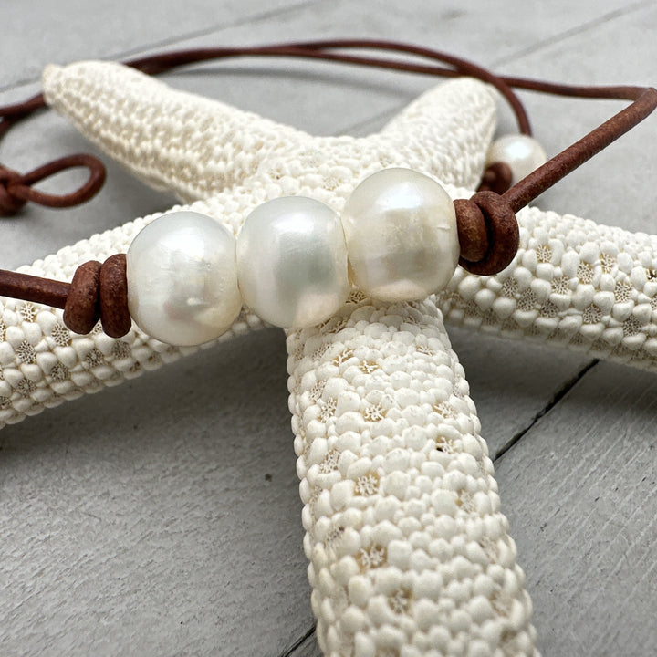 White Freshwater Pearl Leather Choker Necklace - Your Choice: Brown or Black Leather - For Him or Her - SunlightSilver