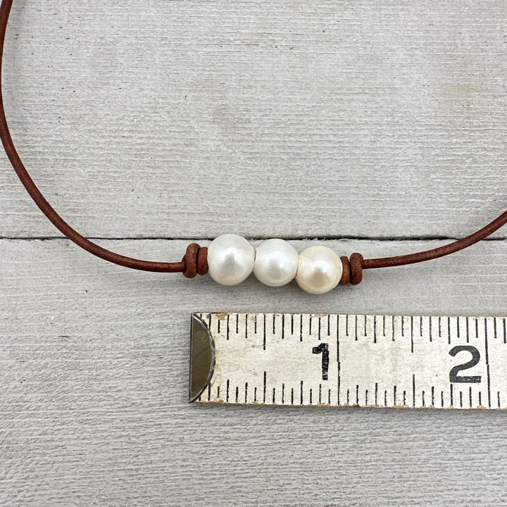 White Freshwater Pearl Leather Choker Necklace. Your Choice: Brown or Black Leather - SunlightSilver