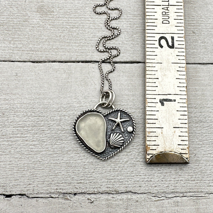 White Sea Glass and Sterling Silver Heart Ocean Pendant Necklace - SunlightSilver