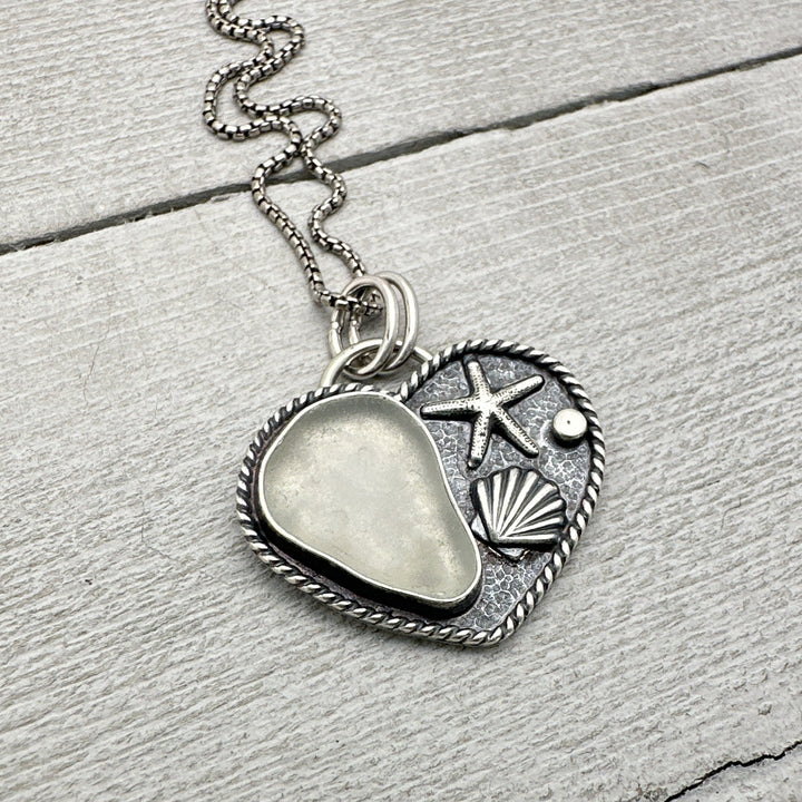 White Sea Glass and Sterling Silver Heart Ocean Pendant Necklace - SunlightSilver