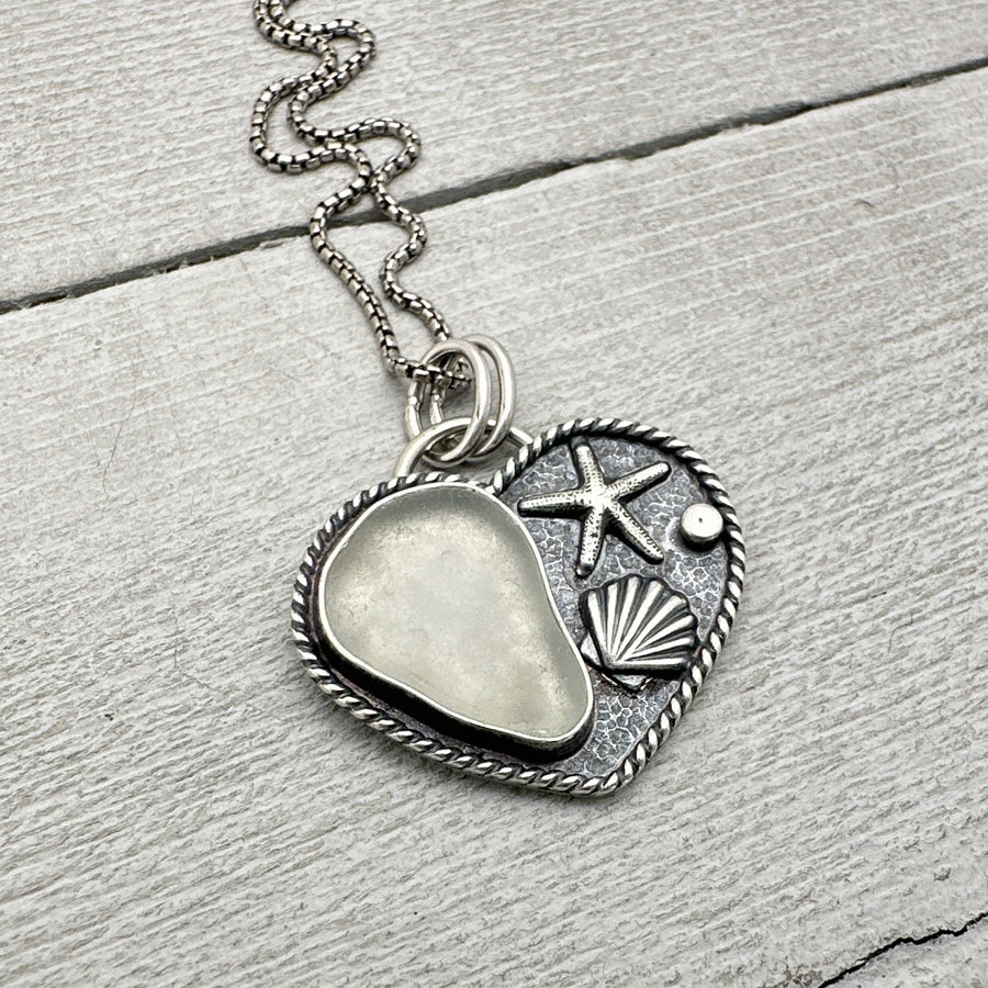 White Sea Glass and Sterling Silver Heart Ocean Pendant Necklace - SunlightSilver