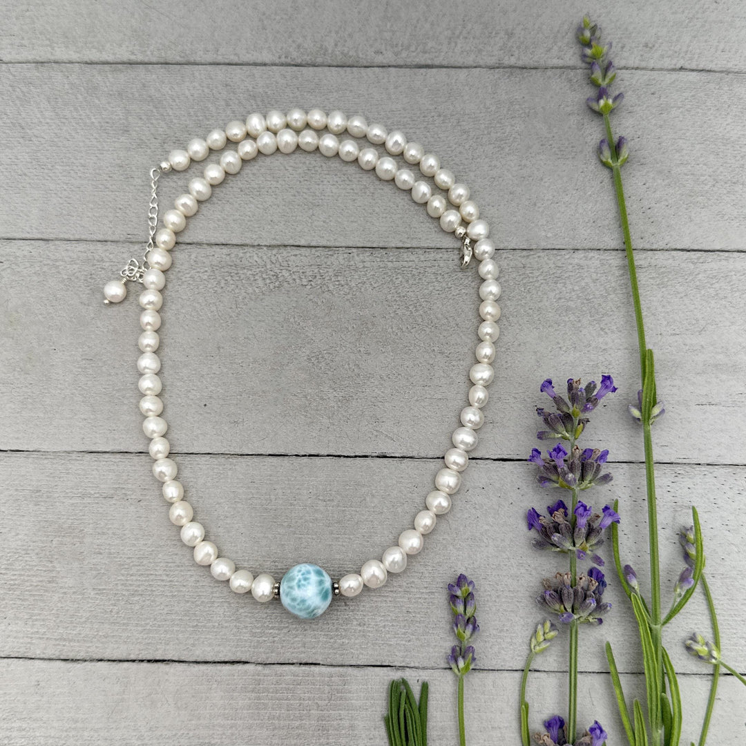 Larimar, Freshwater Pearl and Sterling Silver Necklace - SunlightSilver