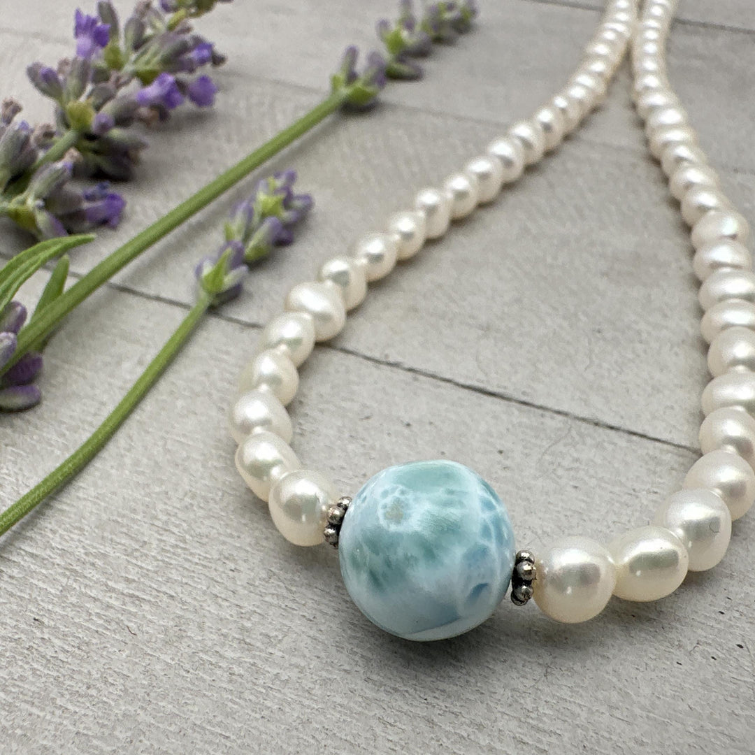 Larimar, Freshwater Pearl and Sterling Silver Necklace - SunlightSilver