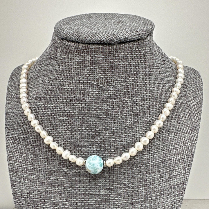 Larimar, Freshwater Pearl and Sterling Silver Necklace - SunlightSilver