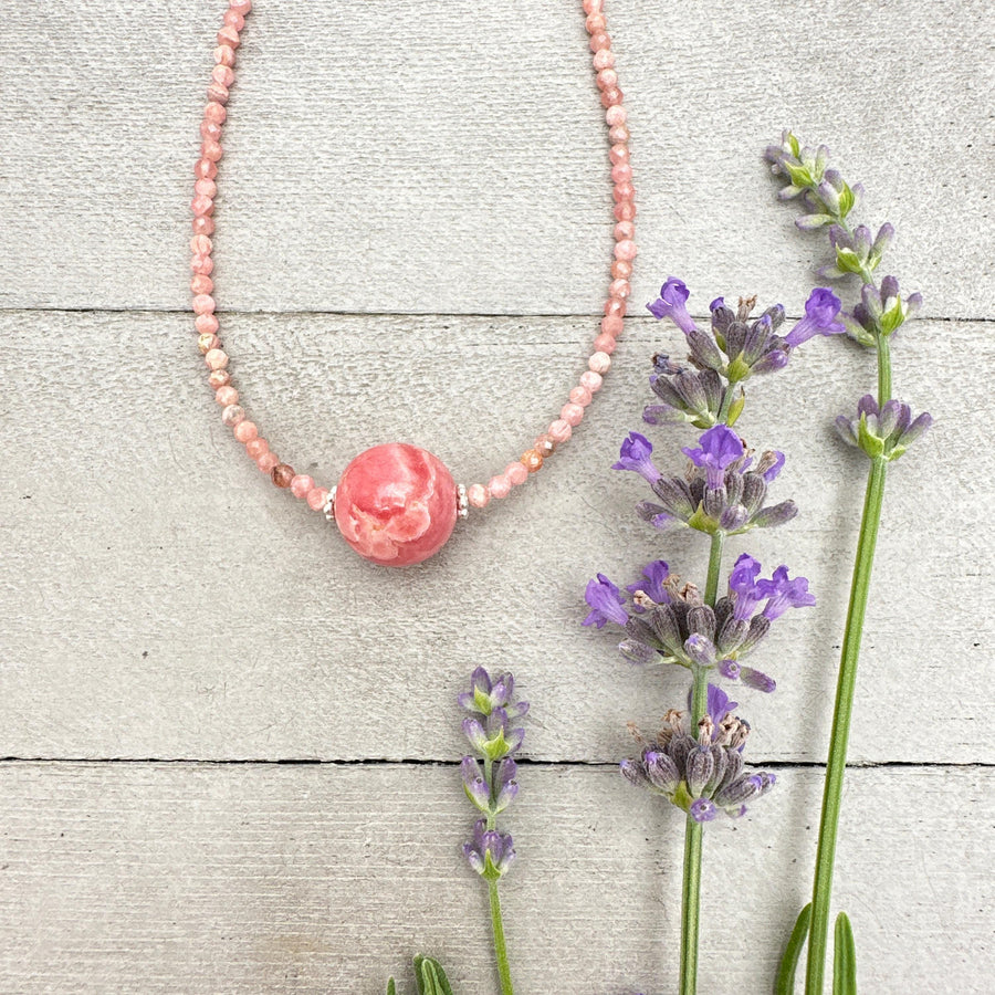 Faceted Pink Rhodochrosite and Sterling Silver Necklace - SunlightSilver