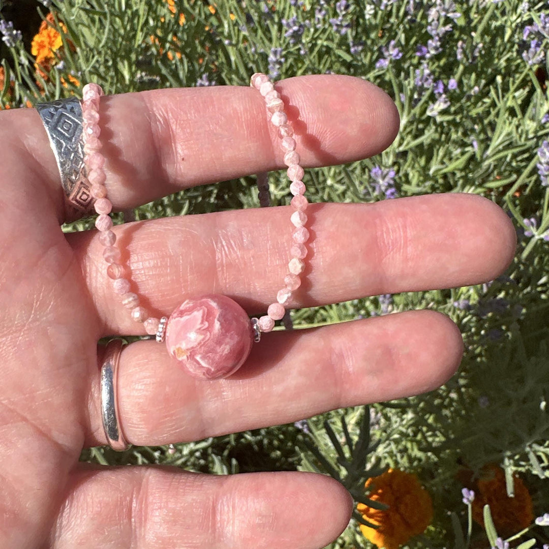 Faceted Pink Rhodochrosite and Sterling Silver Necklace - SunlightSilver