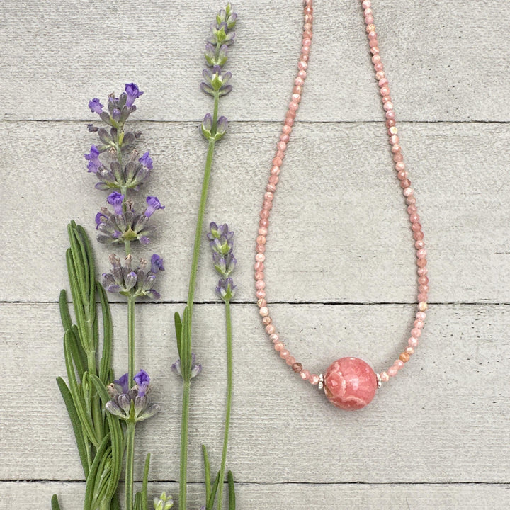 Faceted Pink Rhodochrosite and Sterling Silver Necklace - SunlightSilver