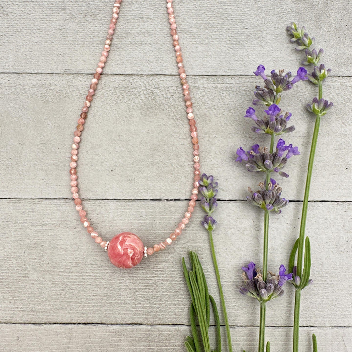 Faceted Pink Rhodochrosite and Sterling Silver Necklace - SunlightSilver