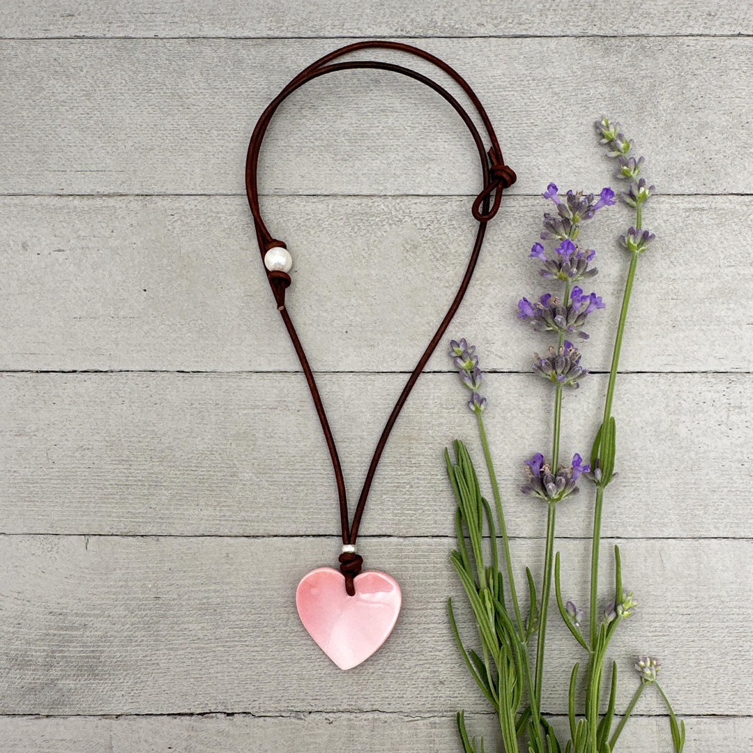 Pink Queen Conch Shell Heart, Solid 925 Sterling Silver, Freshwater pearl and Rustic Leather Necklace - SunlightSilver