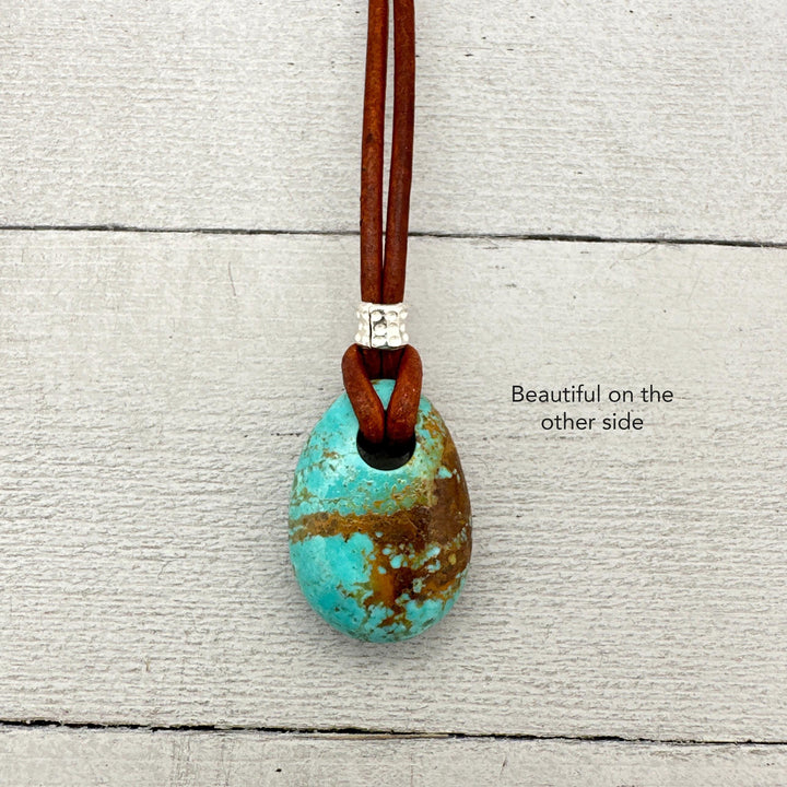 Blue Kingman Turquoise Rustic Brown Leather Necklace - SunlightSilver