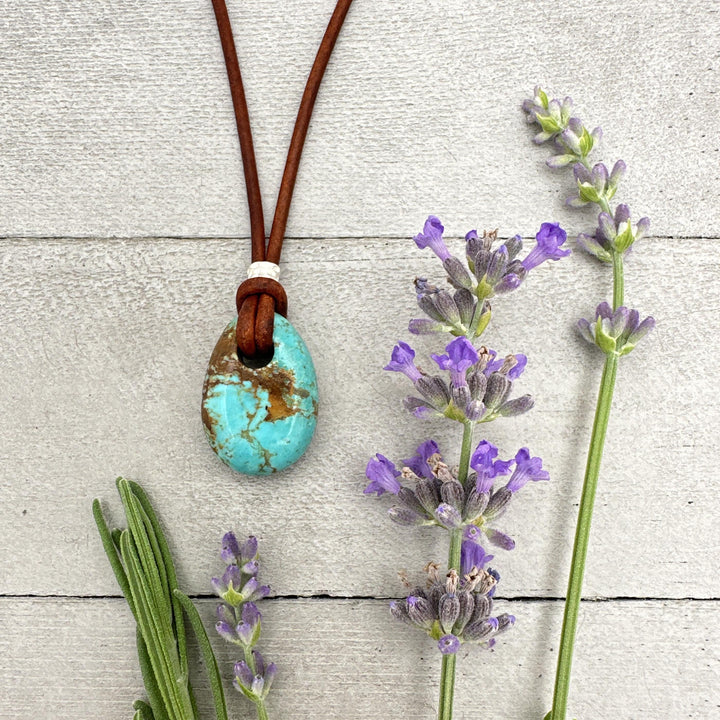 Blue Kingman Turquoise Rustic Brown Leather Necklace - SunlightSilver