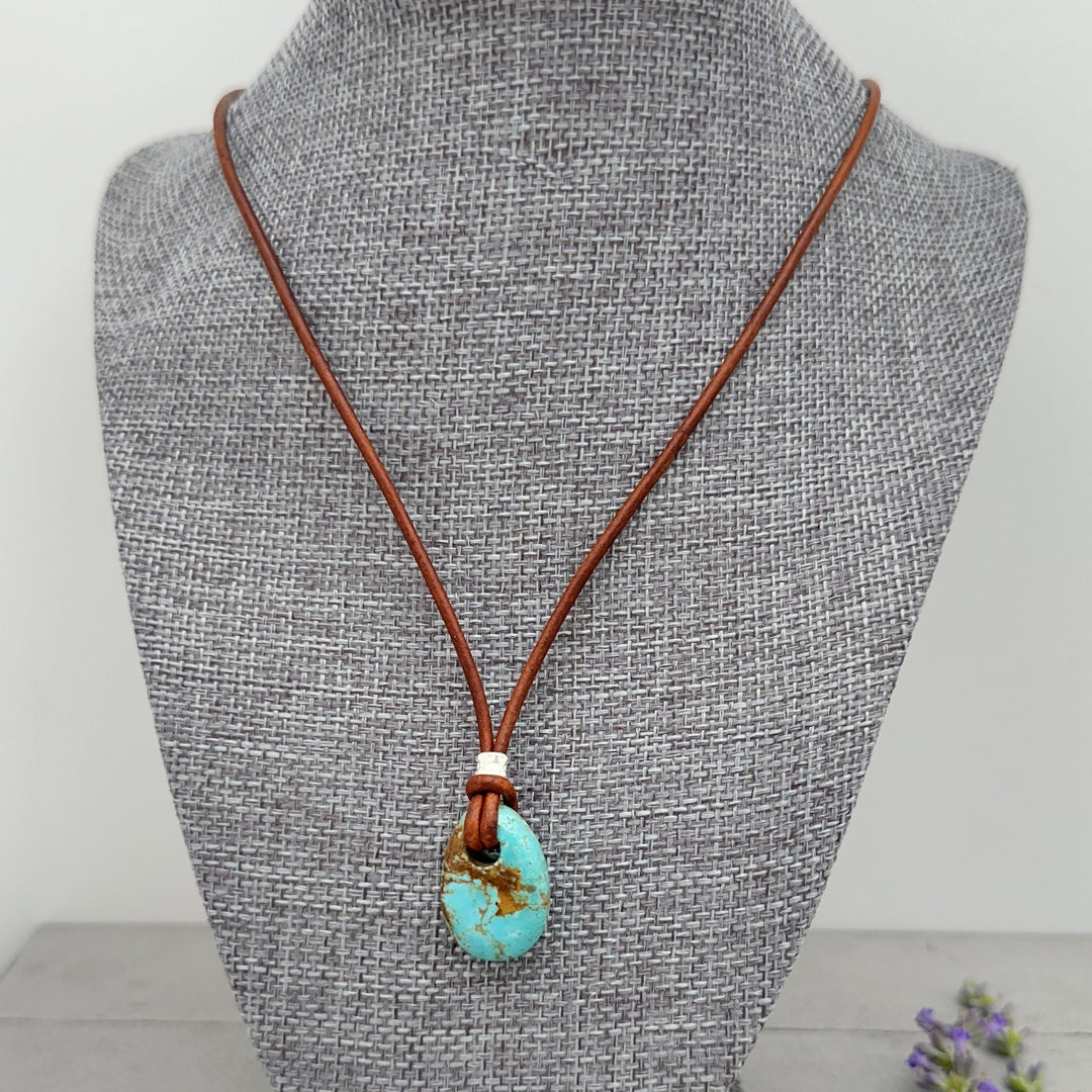 Blue Kingman Turquoise Rustic Brown Leather Necklace - SunlightSilver