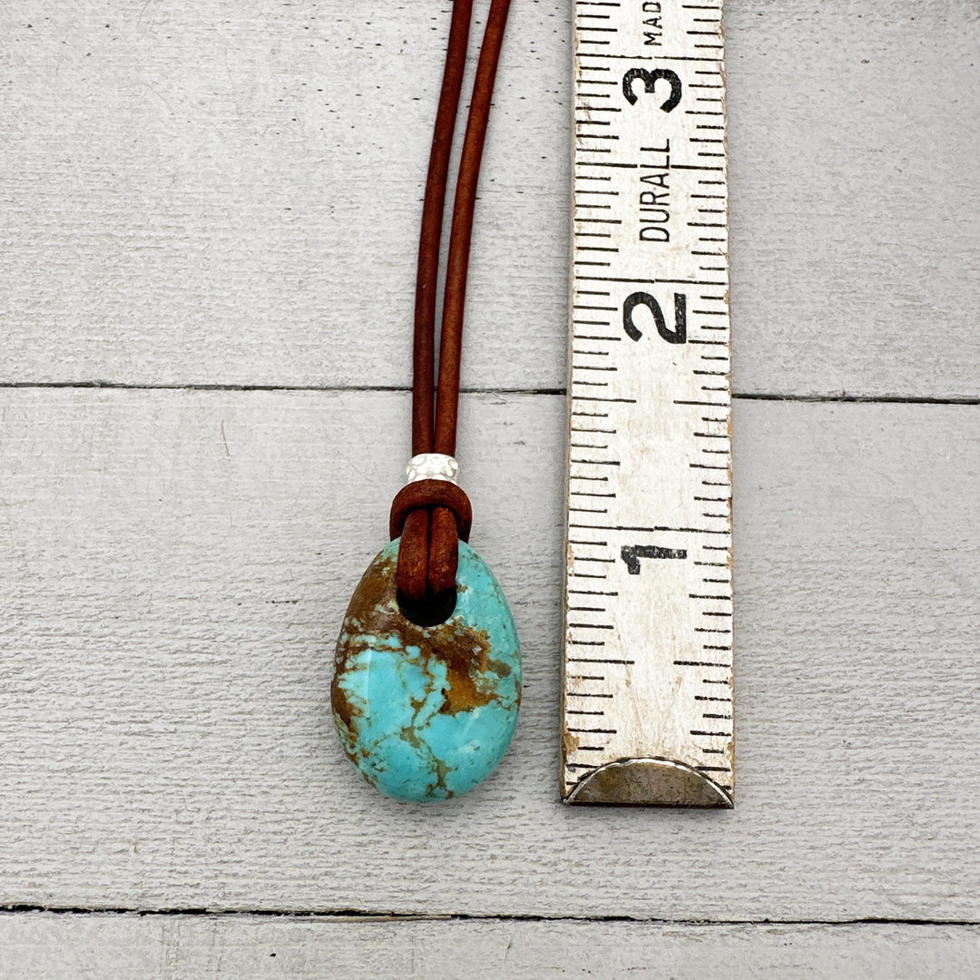 Blue Kingman Turquoise Rustic Brown Leather Necklace - SunlightSilver