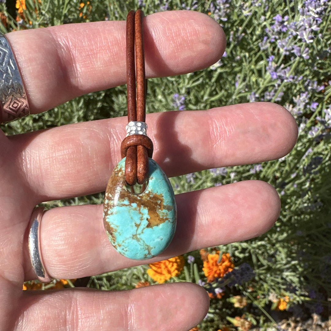 Blue Kingman Turquoise Rustic Brown Leather Necklace - SunlightSilver