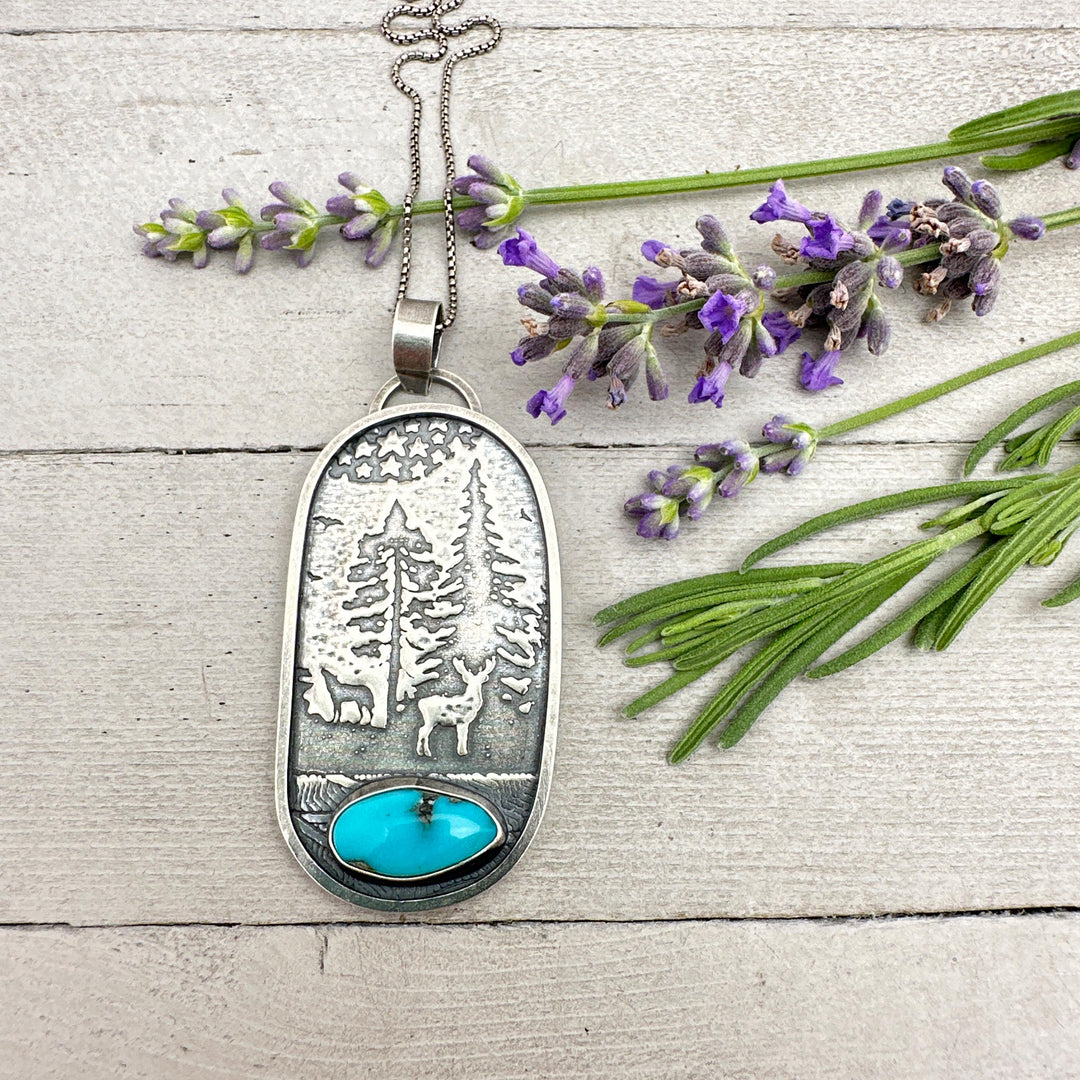 Kingman Turquoise and Sterling Silver Mountain Scene, Deer, Wolf, Trees, Stars Pendant Necklace - SunlightSilver