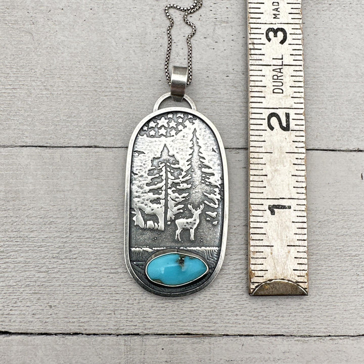 Kingman Turquoise and Sterling Silver Mountain Scene, Deer, Wolf, Trees, Stars Pendant Necklace - SunlightSilver