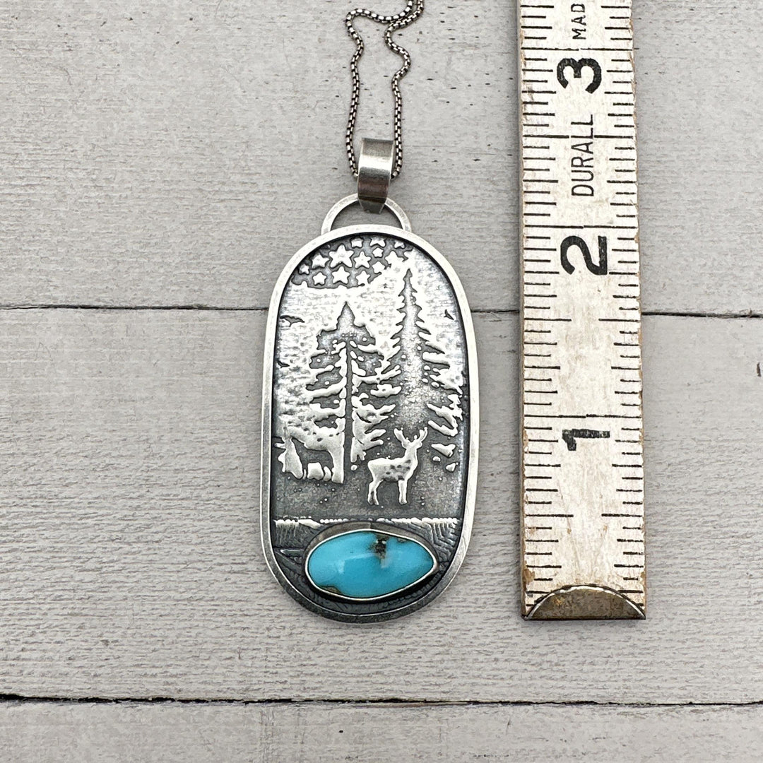 Kingman Turquoise and Sterling Silver Mountain Scene, Deer, Wolf, Trees, Stars Pendant Necklace - SunlightSilver