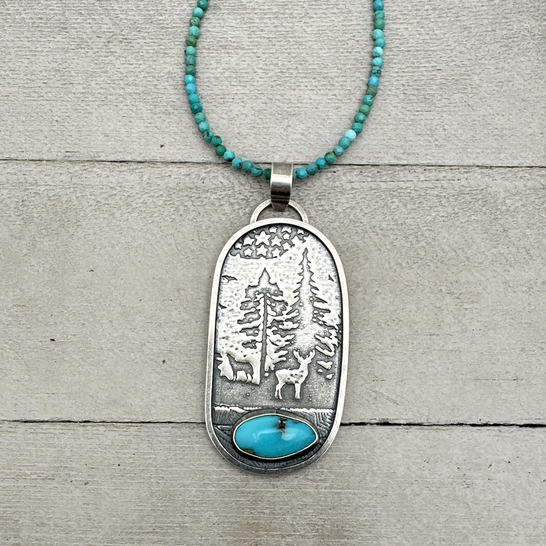 Kingman Turquoise and Sterling Silver Mountain Scene, Deer, Wolf, Trees, Stars Pendant Necklace - SunlightSilver