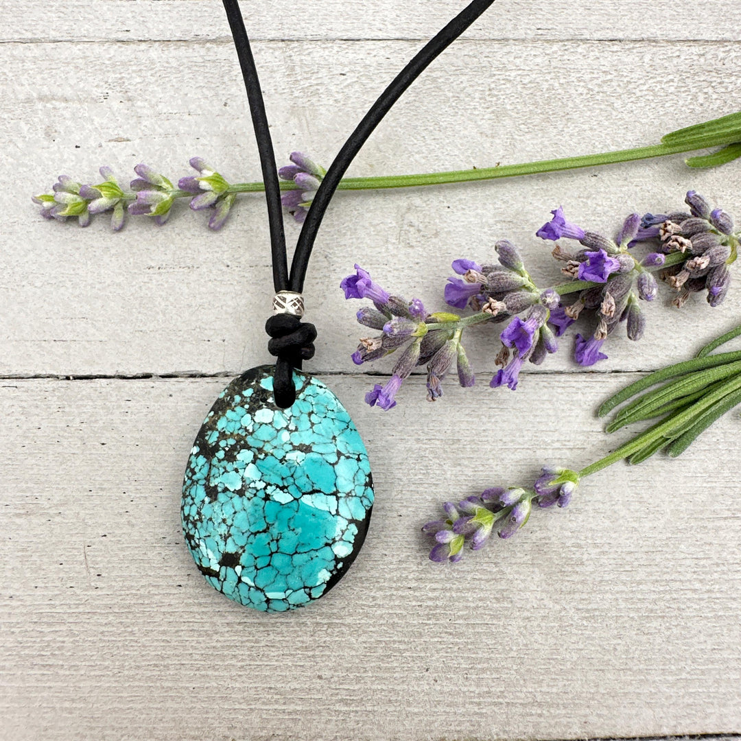 Blue Turquoise, Sterling Silver, and Black Leather Necklace - SunlightSilver