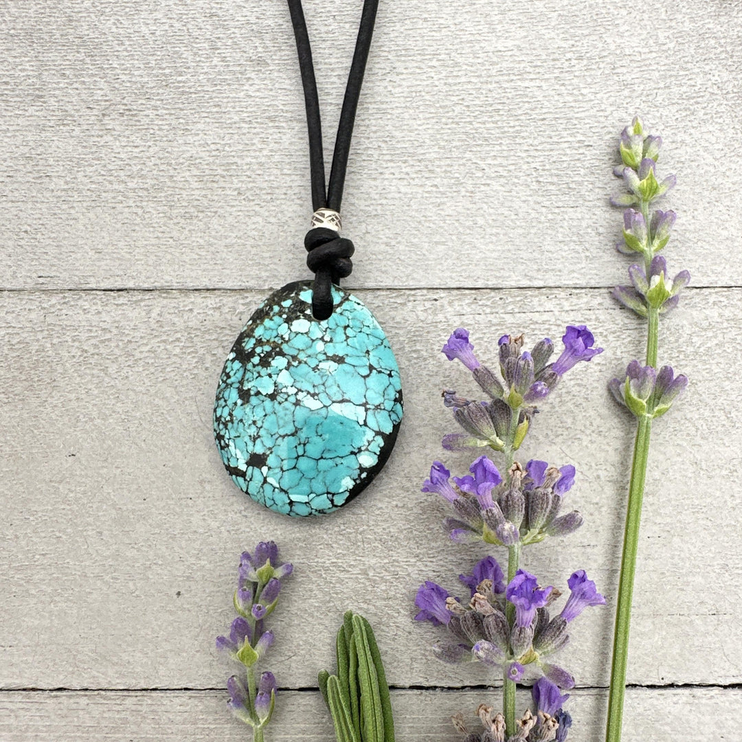 Blue Turquoise, Sterling Silver, and Black Leather Necklace - SunlightSilver