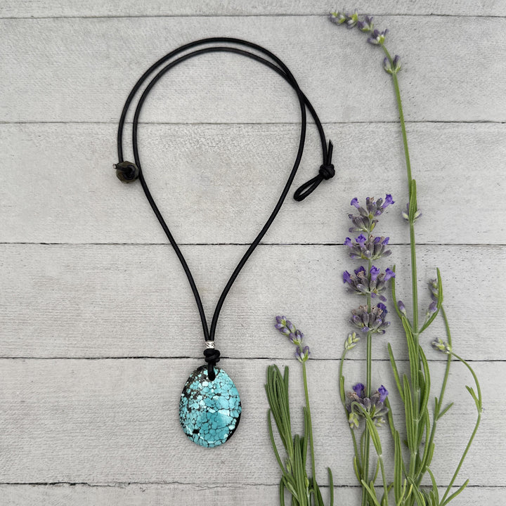 Blue Turquoise, Sterling Silver, and Black Leather Necklace - SunlightSilver