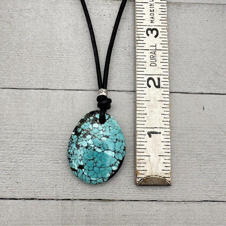 Blue Turquoise, Sterling Silver, and Black Leather Necklace - SunlightSilver