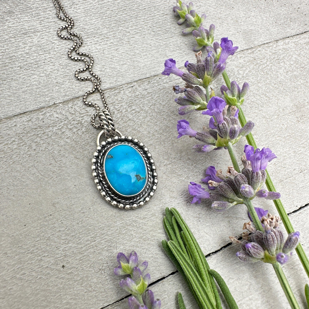 Natural Kingman Turquoise and Sterling Silver Pendant Necklace. Old Stock Sky Blue Kingman Turquoise. - SunlightSilver