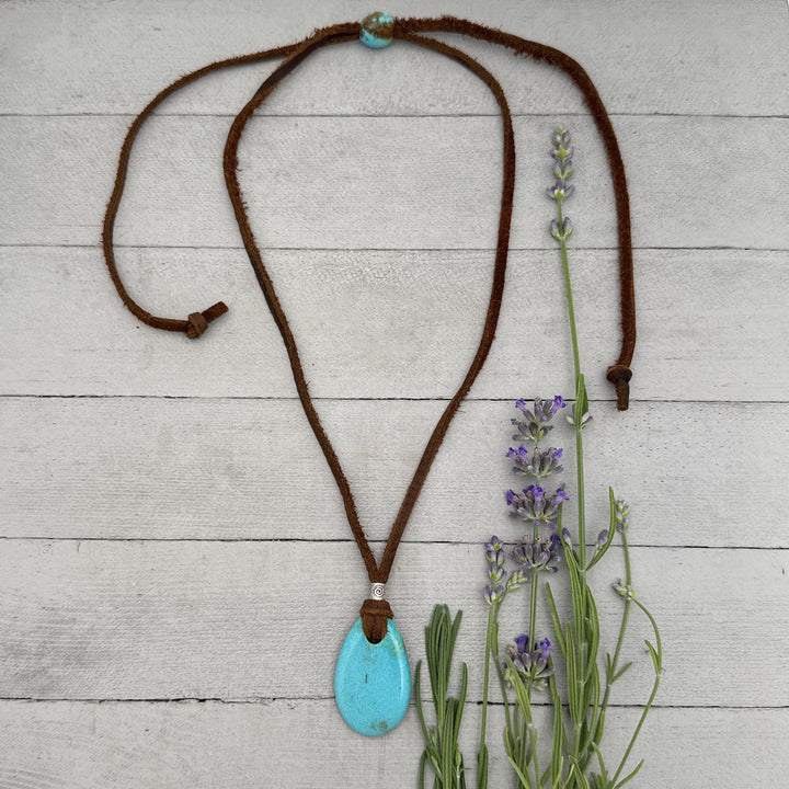 Blue Kingman Turquoise Adjustable Leather Necklace - SunlightSilver