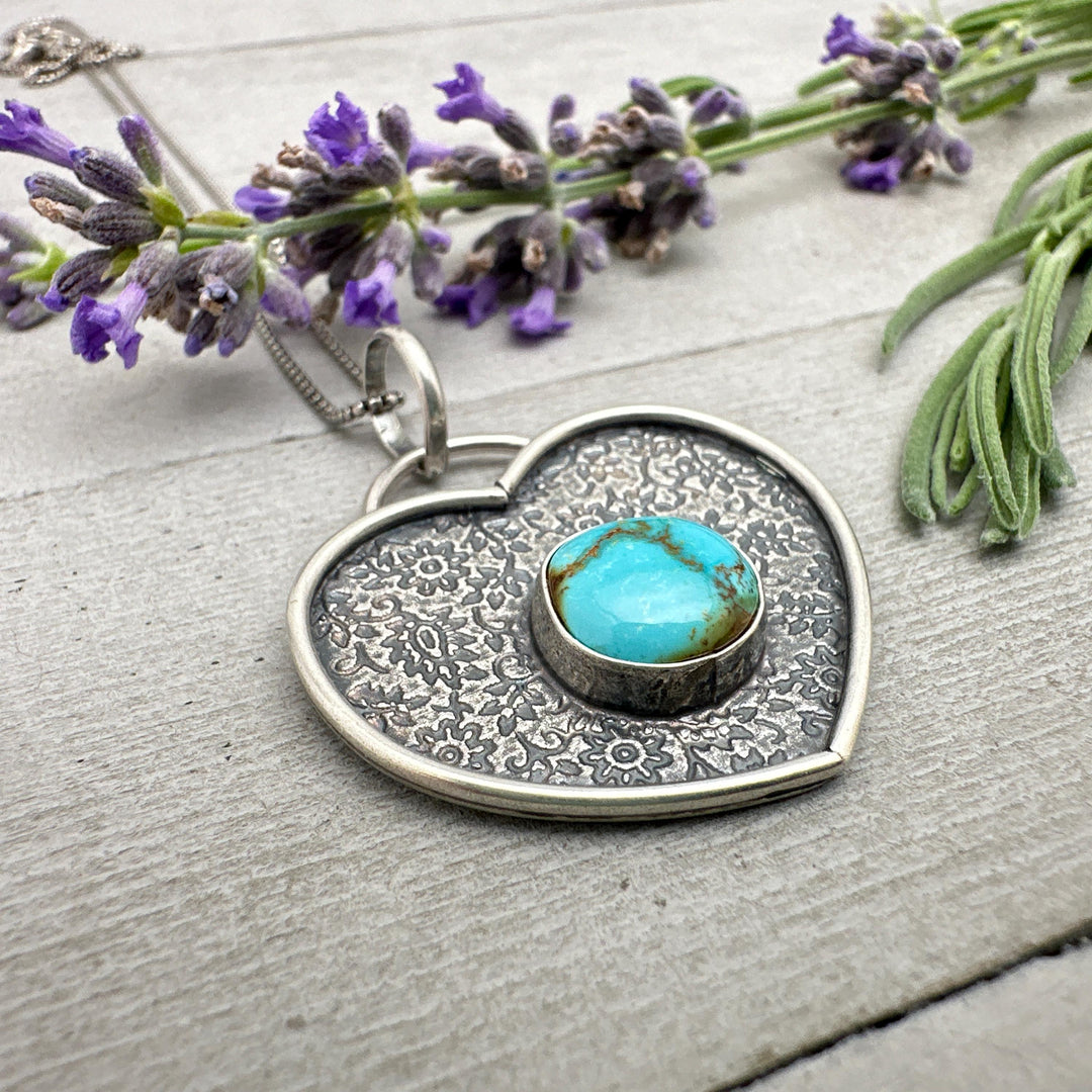 Royston Turquoise and Sterling Silver Heart Pendant. Nevada American Turquoise - SunlightSilver