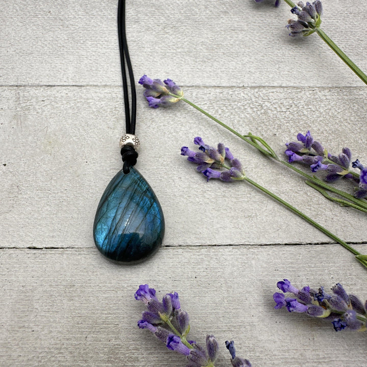 Labradorite Crystal, Thai Hill Tribe Silver and Black Leather Necklace - SunlightSilver