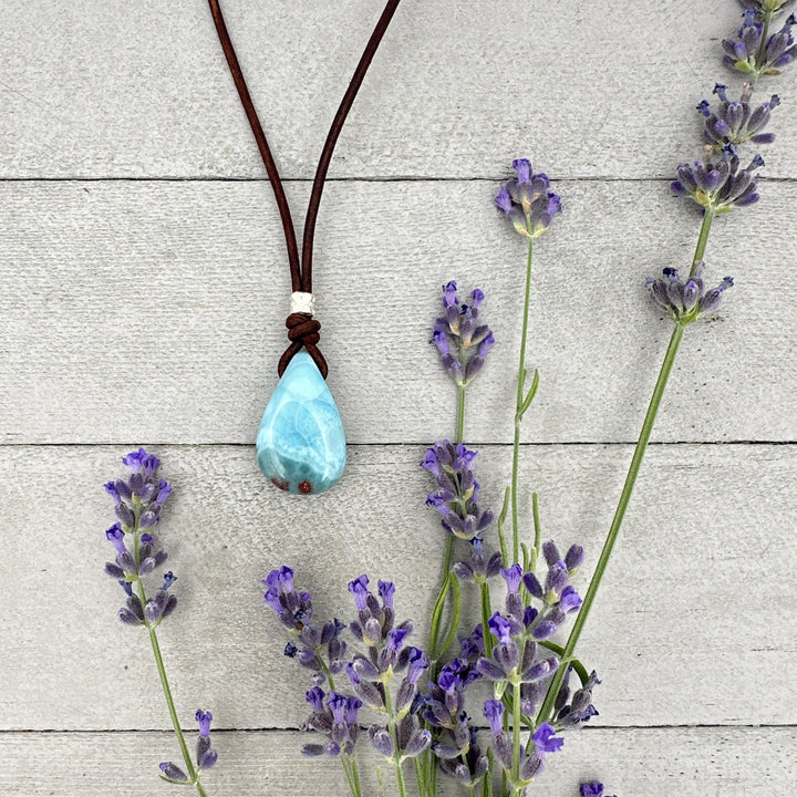 Larimar and Rustic Brown Leather Pendant Necklace. Rare Blue and Red (Copper) Larimar - SunlightSilver