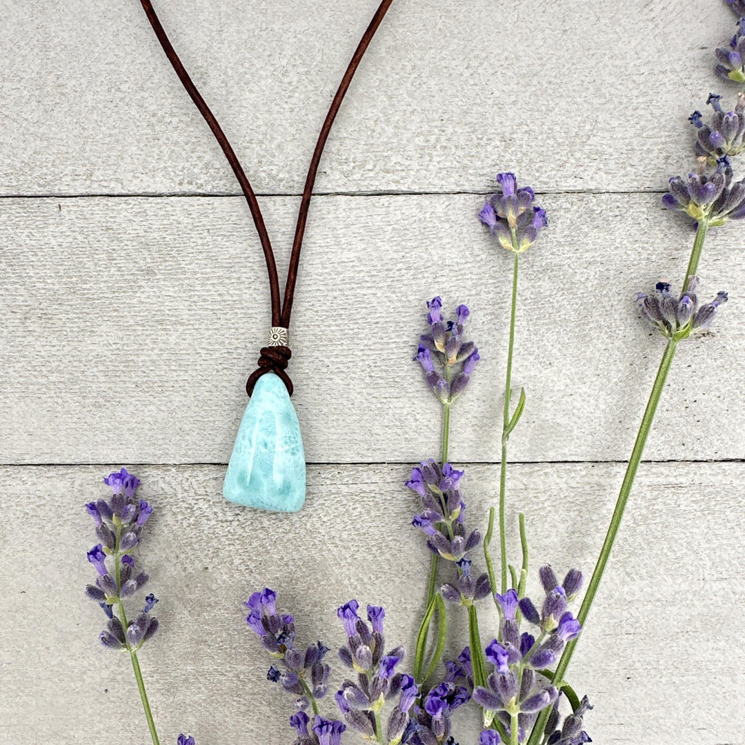 Larimar Crystal, Thai Hill Tribe Silver and Rustic Brown Leather Necklace - SunlightSilver