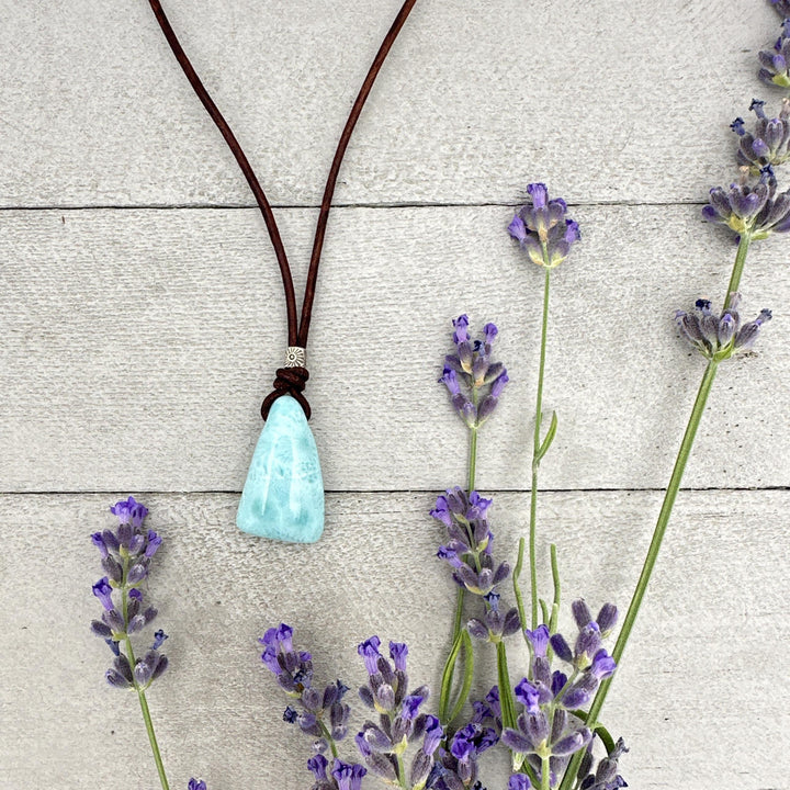 Larimar Crystal, Thai Hill Tribe Silver and Rustic Brown Leather Necklace - SunlightSilver