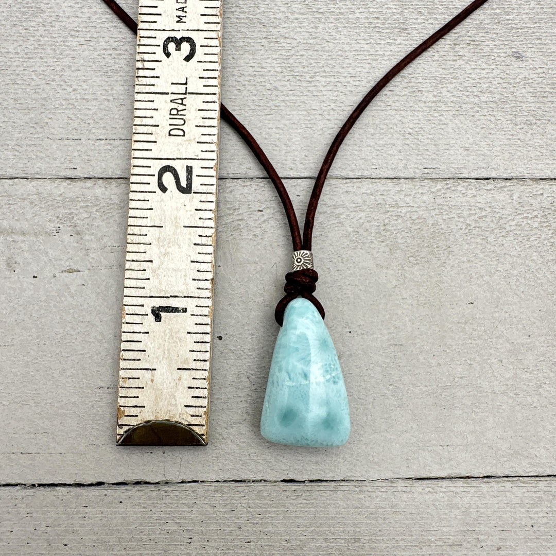 Larimar Crystal, Thai Hill Tribe Silver and Rustic Brown Leather Necklace - SunlightSilver